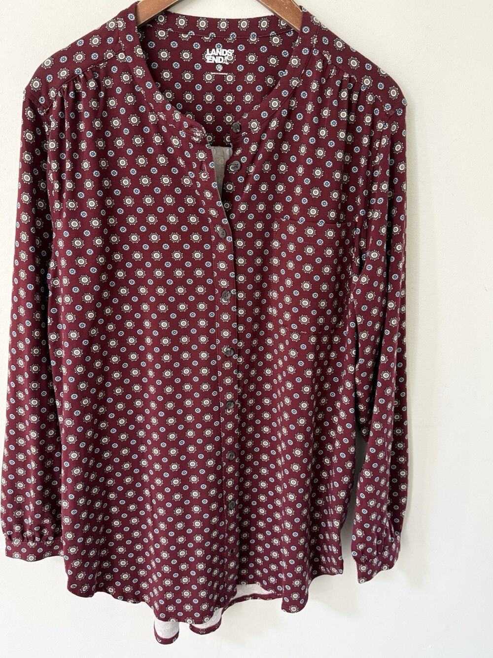 Lands End Geo Print Tunic Top Burgundy Womens Size XL Crew Neck Long Sleeve